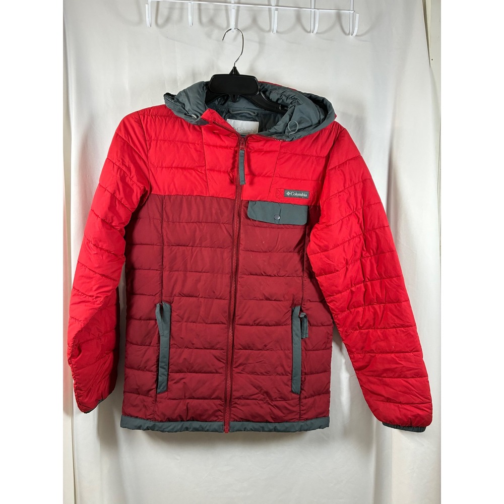 Columbia Mens Red Colorblock Hooded Puffer Jacket Lightweight Insulated Small